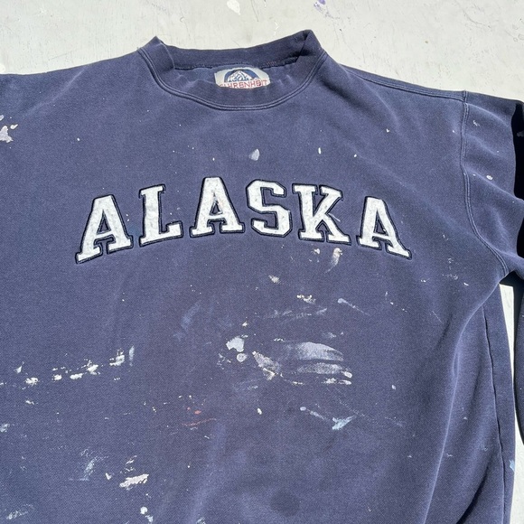 Men's Vintage Alaska Sweatshirt Blue Spell-Out S Street 90s THRASHED Grunge USA - Picture 2 of 13